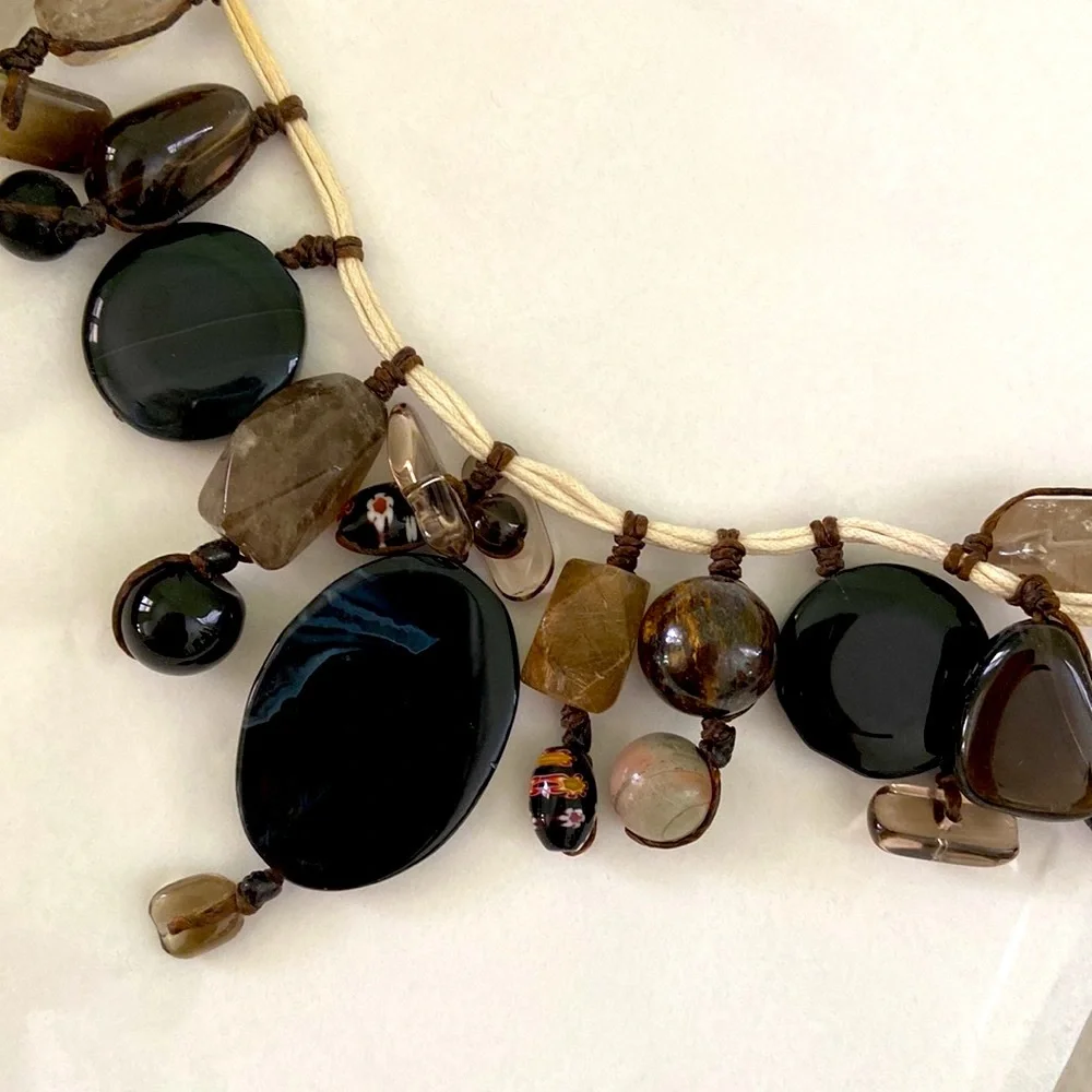 Polished Stone and Millefiori Flower Glass bead necklace rustic